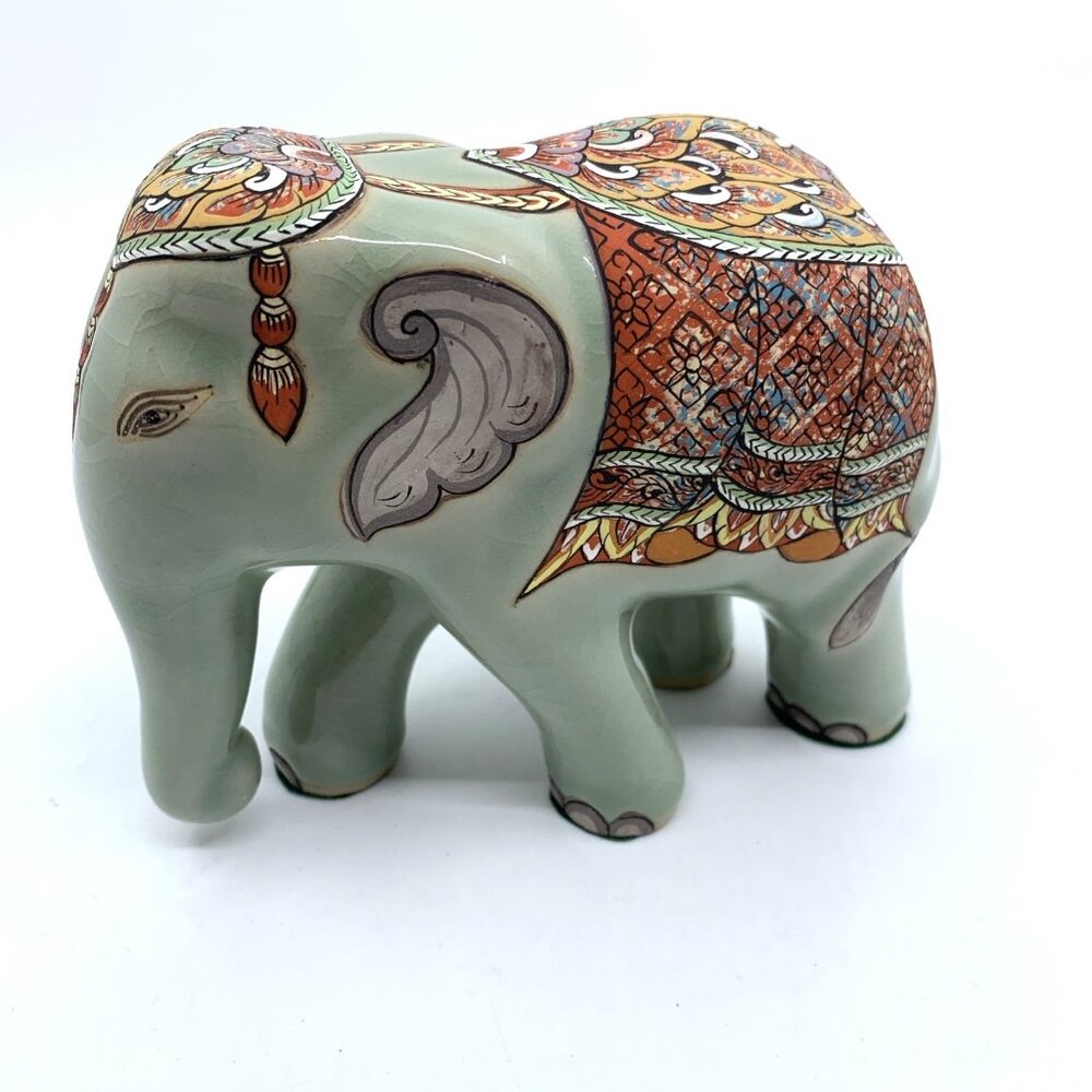 Hand Painted BaAn Celadon Thailand Smiling Elephant Green Ceramic Pottery